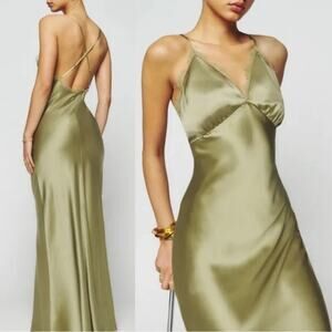 Reformation Maysen Silk Formal Maxi Dress‎ Olive Oil Green NWT